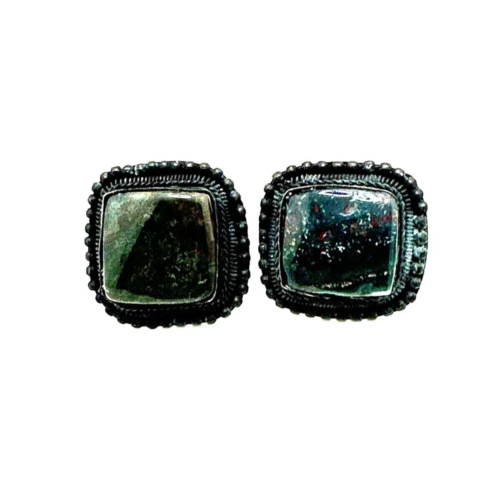 Vintage Bijoux Terner Moss Agate Earrings Dark Blue Green Stone Clip On 1 1/4